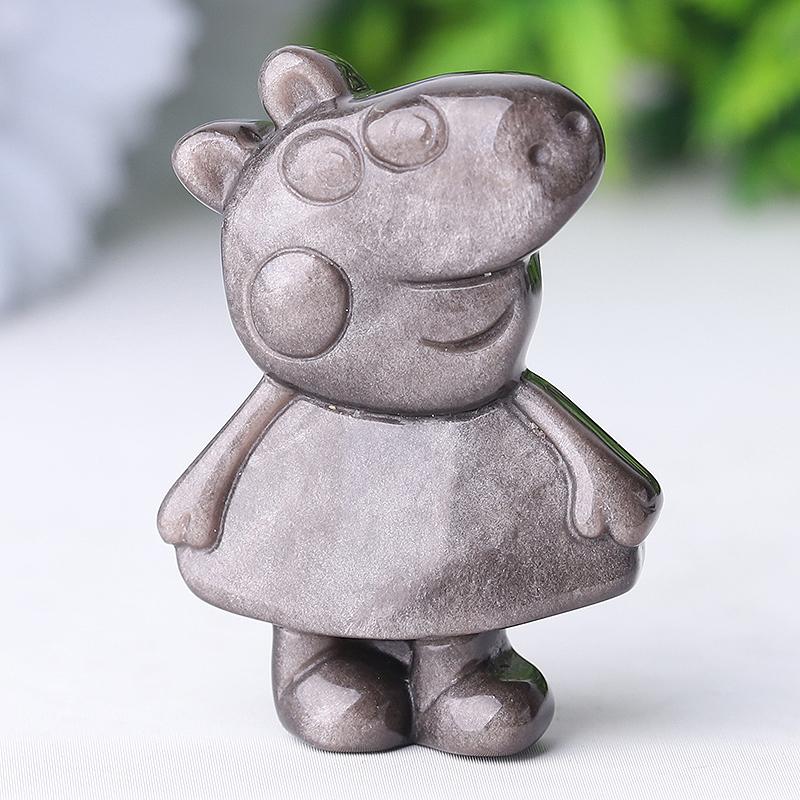 1.8" Silver Obsidian Peppa Pig Crystal Carvings Cartoon Bulk Best Crystal Wholesalers