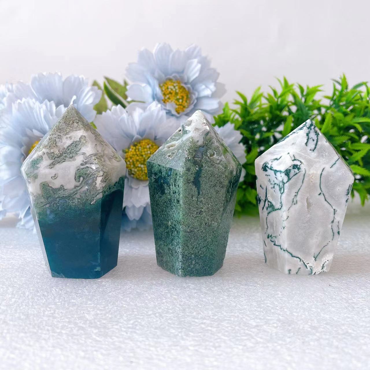 2.5"-2.8" Moss Agate Hexagonal Crystal Towers Points Bulk Best Crystal Wholesalers