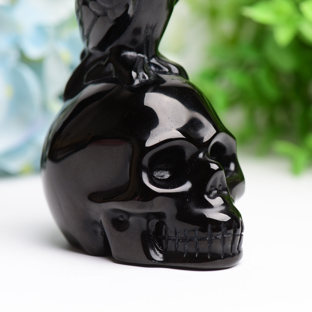 4.5" Black Obsidian Skull with Raven Decor for Halloween Bulk Best Crystal Wholesalers