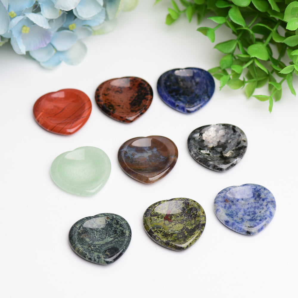 1.5" Mixed Crystal Heart Shape Worry Stone Bulk Best Crystal Wholesalers Kiwi Jasper Sodalite Kambaba Unakite Clear Quartz Peach Aventurine Howlite Jade Rose Quartz Dragon Blood Stone Blood Stone Black Obsidian Mahogany Green Aventurine Larvikite Labra