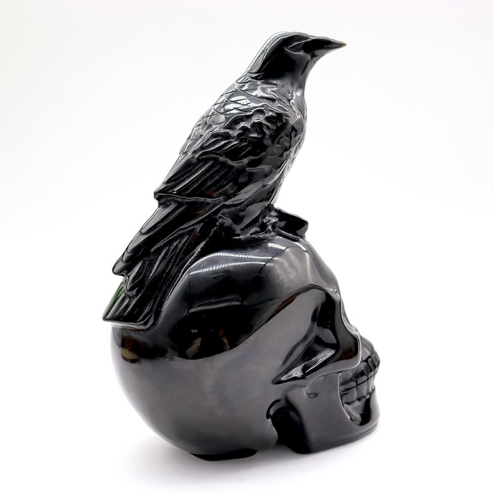 Black Obsidian Skull with Crow - Skull Carving, Obsidian Skull Best Crystal Wholesalers