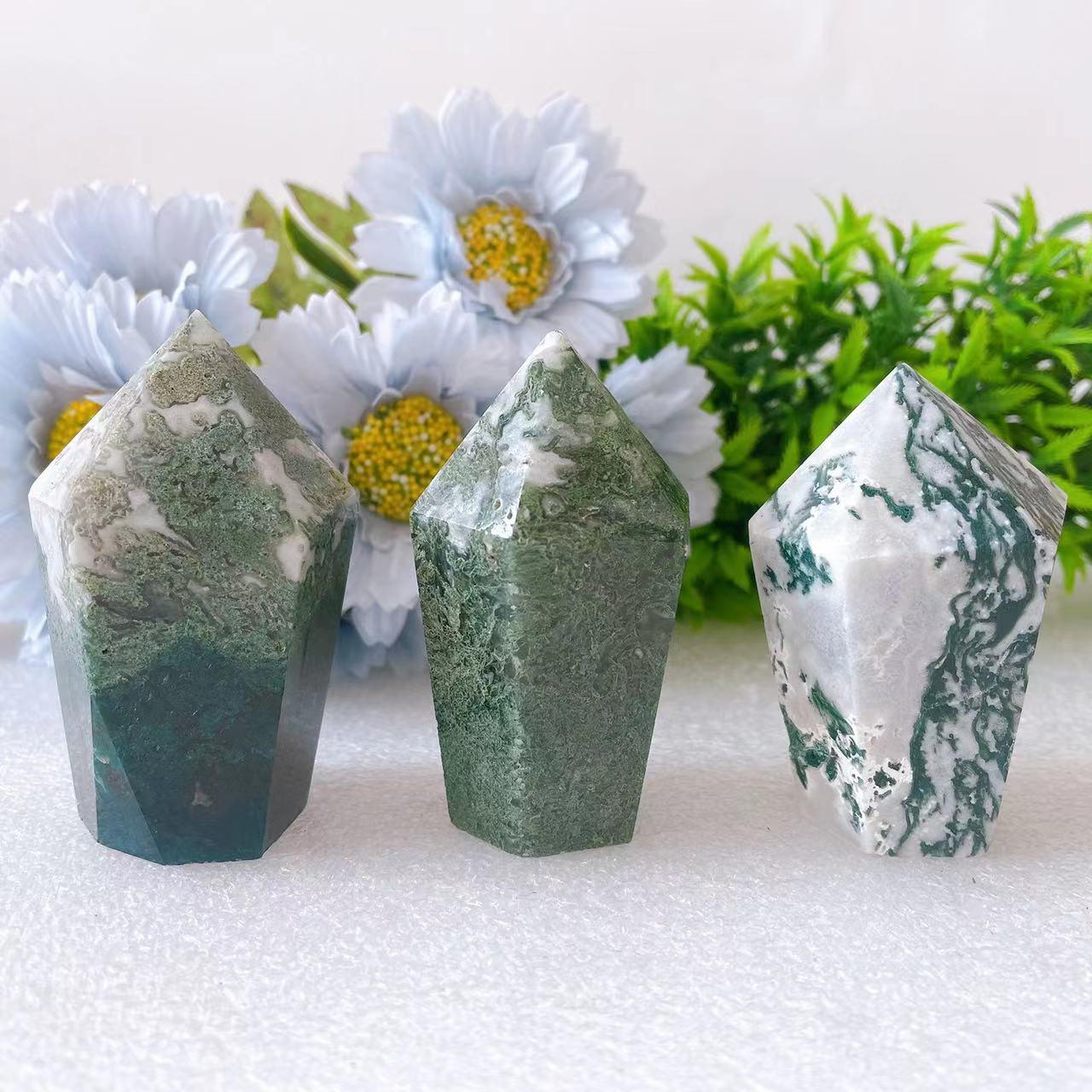 2.5"-2.8" Moss Agate Hexagonal Crystal Towers Points Bulk Best Crystal Wholesalers