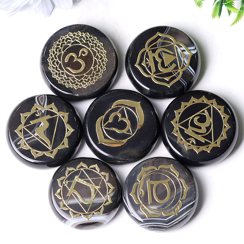 1.76" 1 Set Agate Round Piece with Chakra Printed Palm Stone Bulk Best Crystal Wholesalers