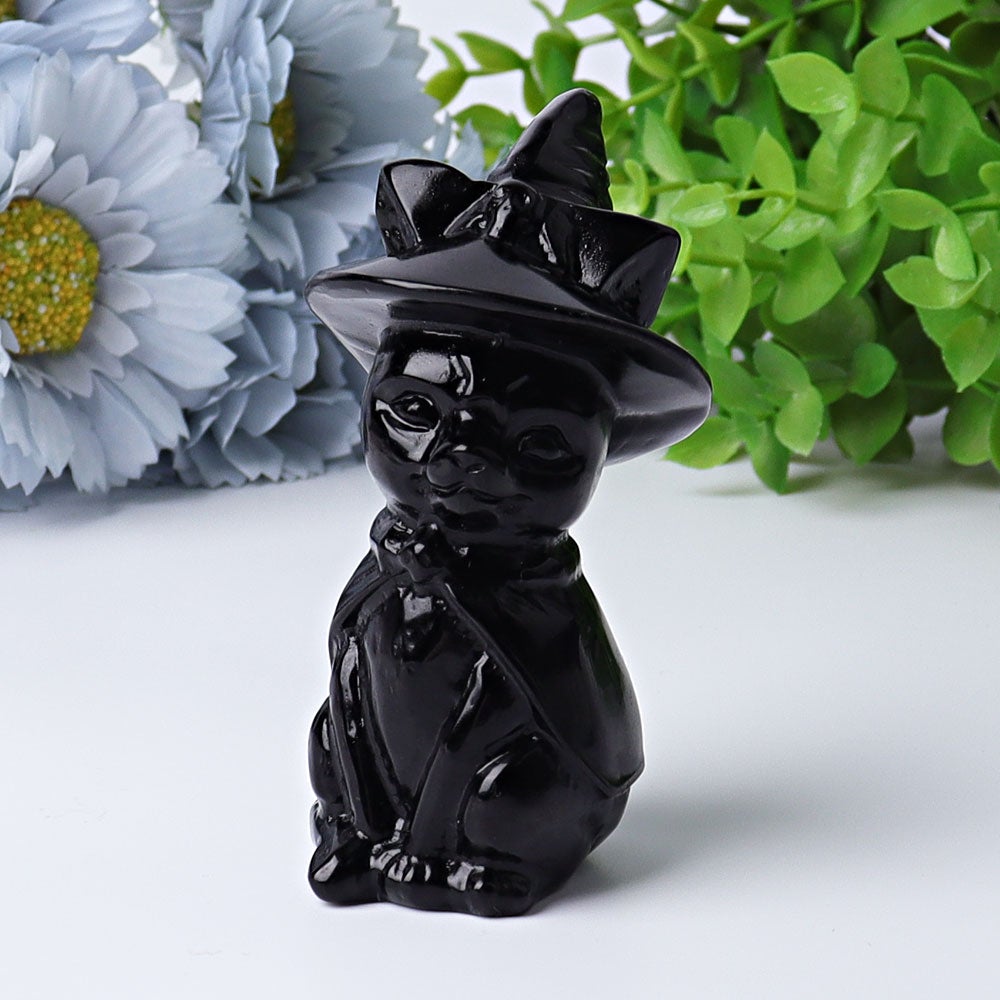 3.5" Black Obsidian Cat with Witch's Hat Crystal Carvings Best Crystal Wholesalers