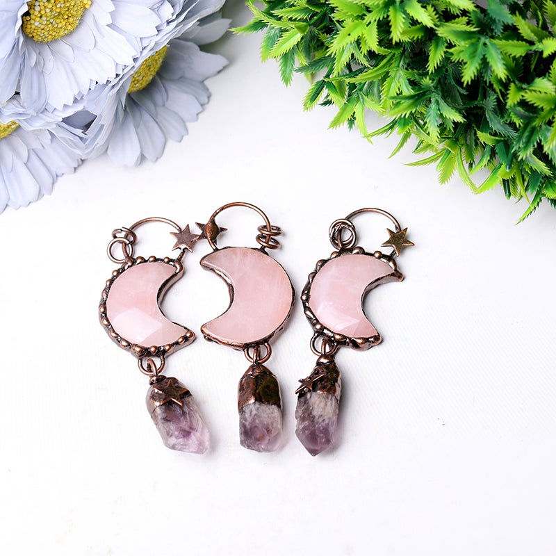 3.7" Rose Moon Amethyst Pendant Key Chain DIY Best Crystal Wholesalers