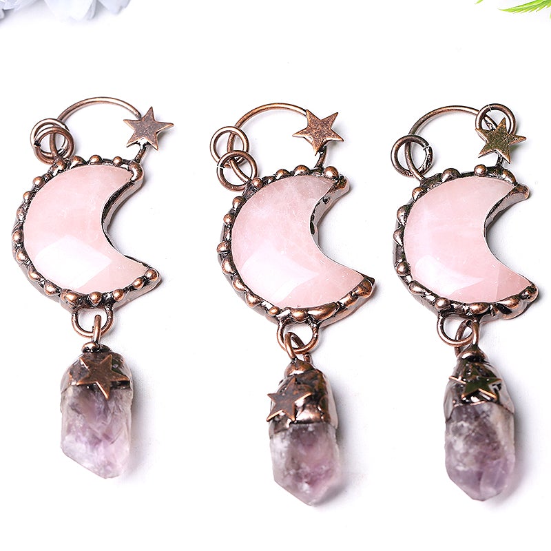 3.7" Rose Moon Amethyst Pendant Key Chain DIY Best Crystal Wholesalers