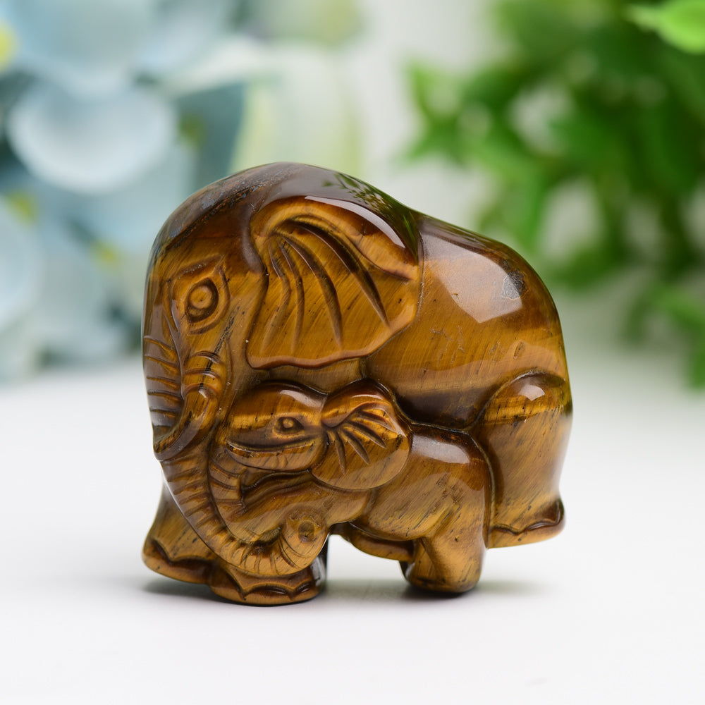 1.8" Tiger's Eye Mother&Baby Elephant Animal Crystal Carving  Bulk Best Crystal Wholesalers