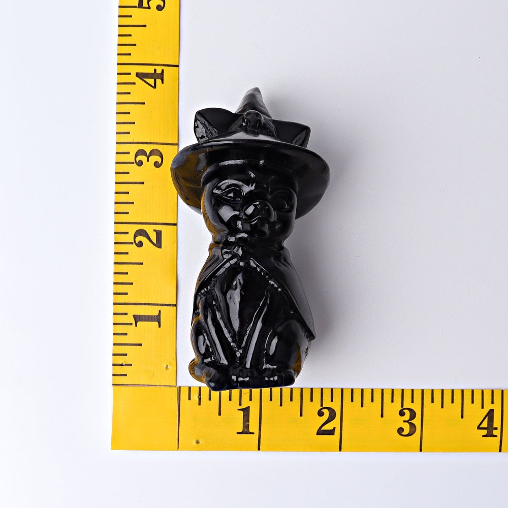 3.5" Black Obsidian Cat with Witch's Hat Crystal Carvings Best Crystal Wholesalers