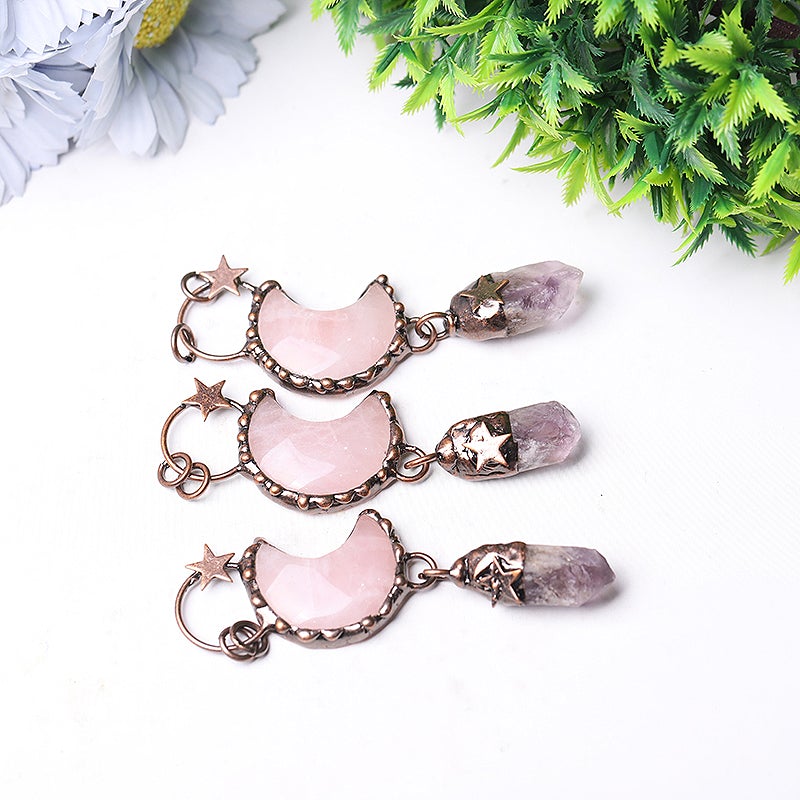 3.7" Rose Moon Amethyst Pendant Key Chain DIY Best Crystal Wholesalers