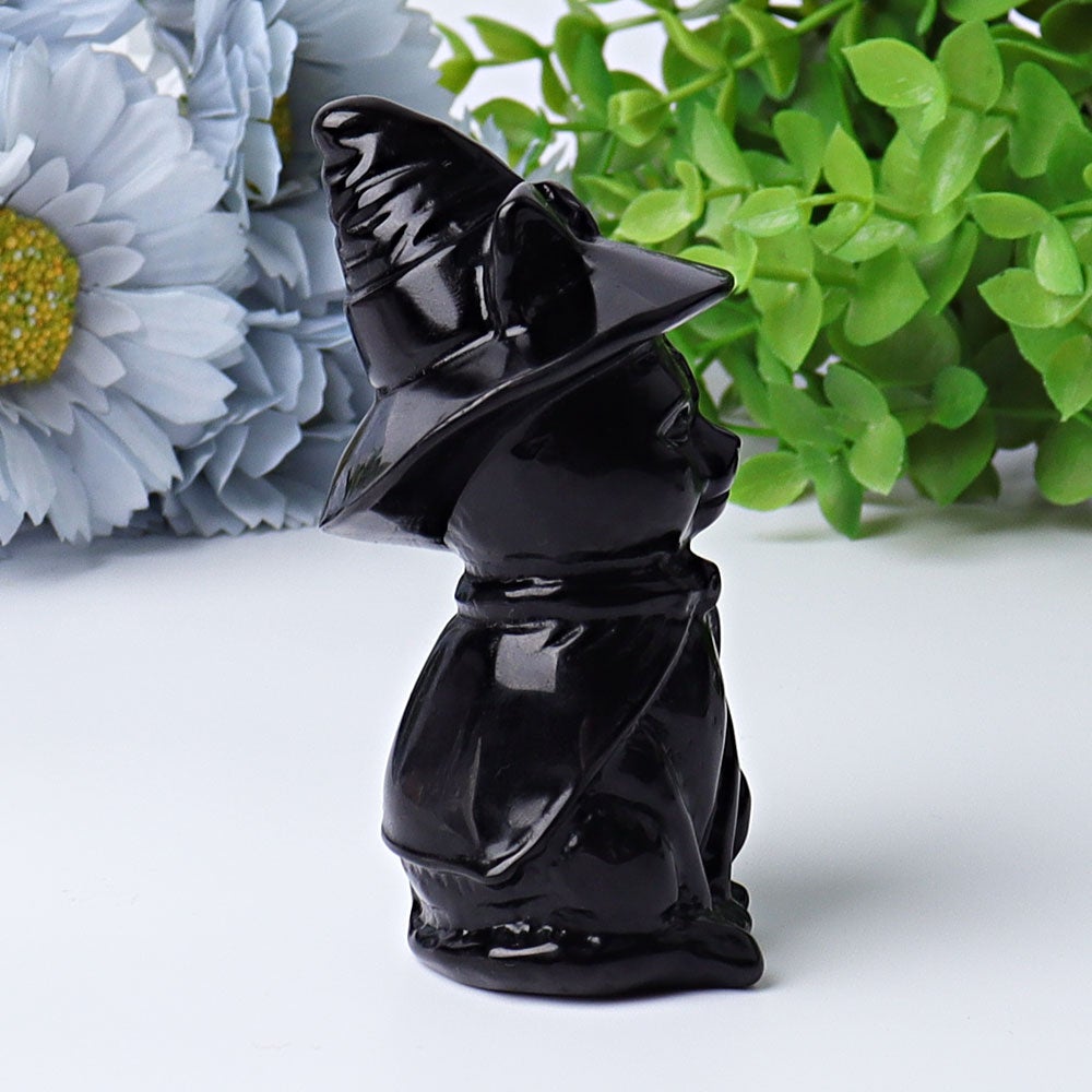 3.5" Black Obsidian Cat with Witch's Hat Crystal Carvings Best Crystal Wholesalers