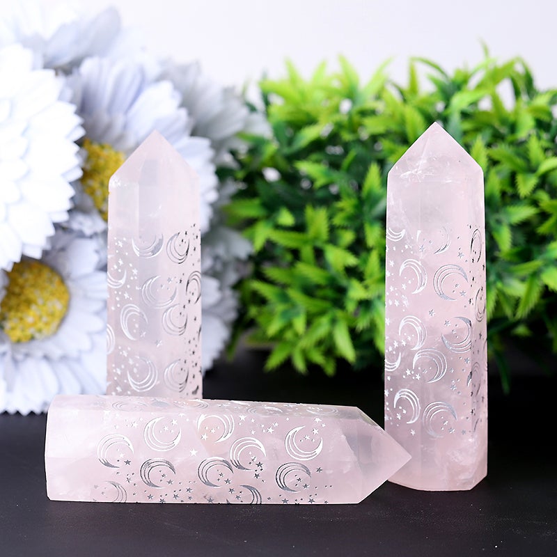 3.6" Rose Quartz with Moon Printing Crystal Towers Points Bulk Best Crystal Wholesalers