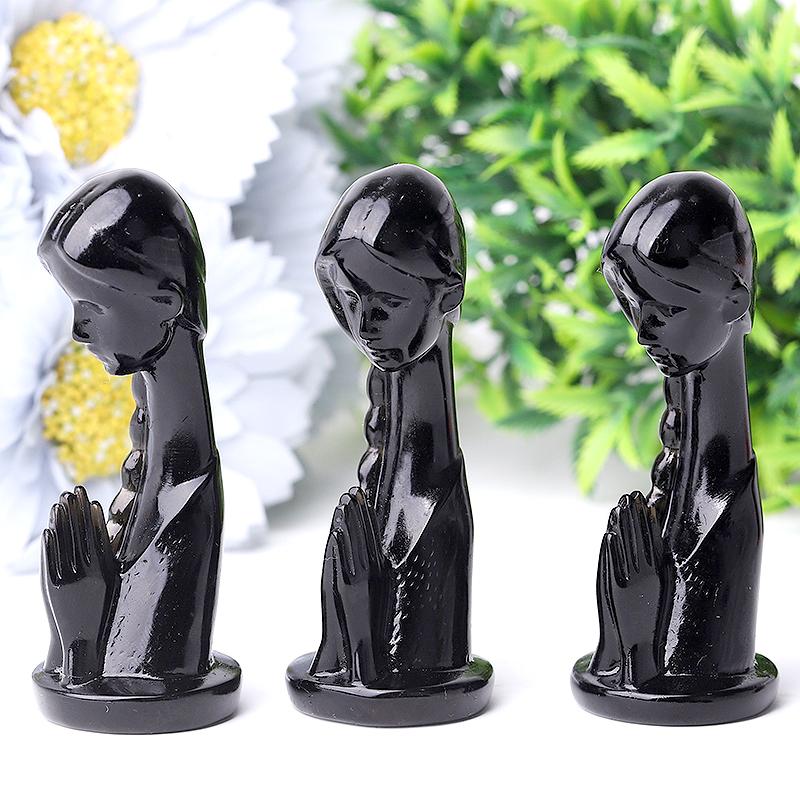 3" Black Obsidian Pray Woman Crystal Carvings Model Bulk Best Crystal Wholesalers