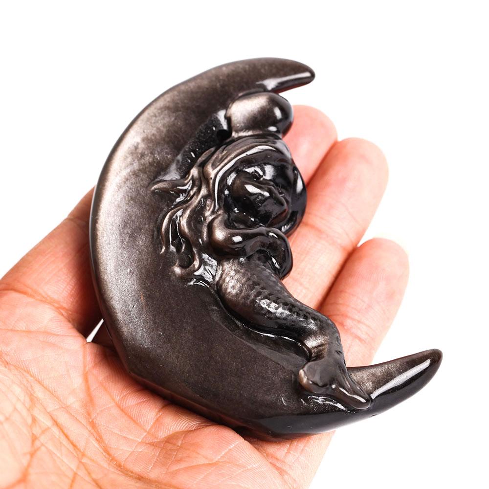 Silver Obsidian Moon with Mermaid Carving Decor Best Crystal Wholesalers