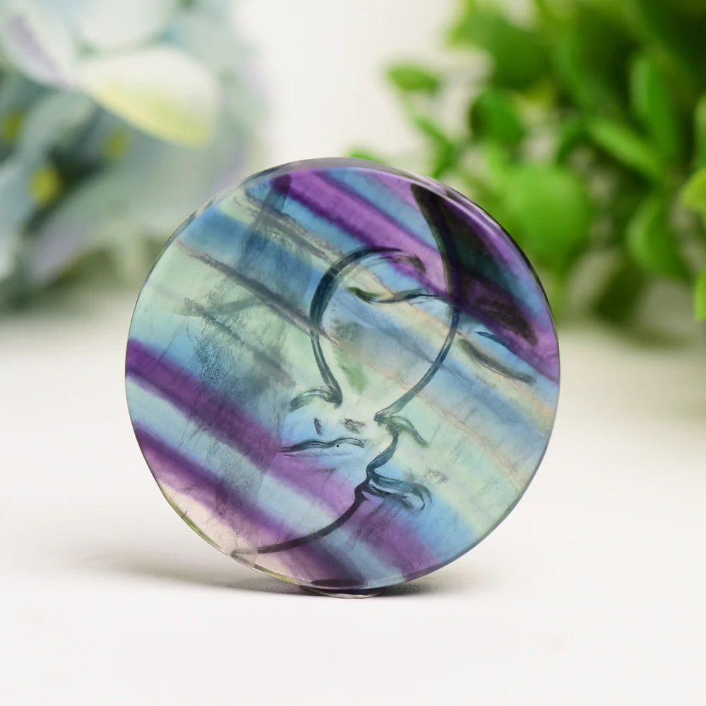 Rainbow Hand Carved Fluorite Sun & Moon Face