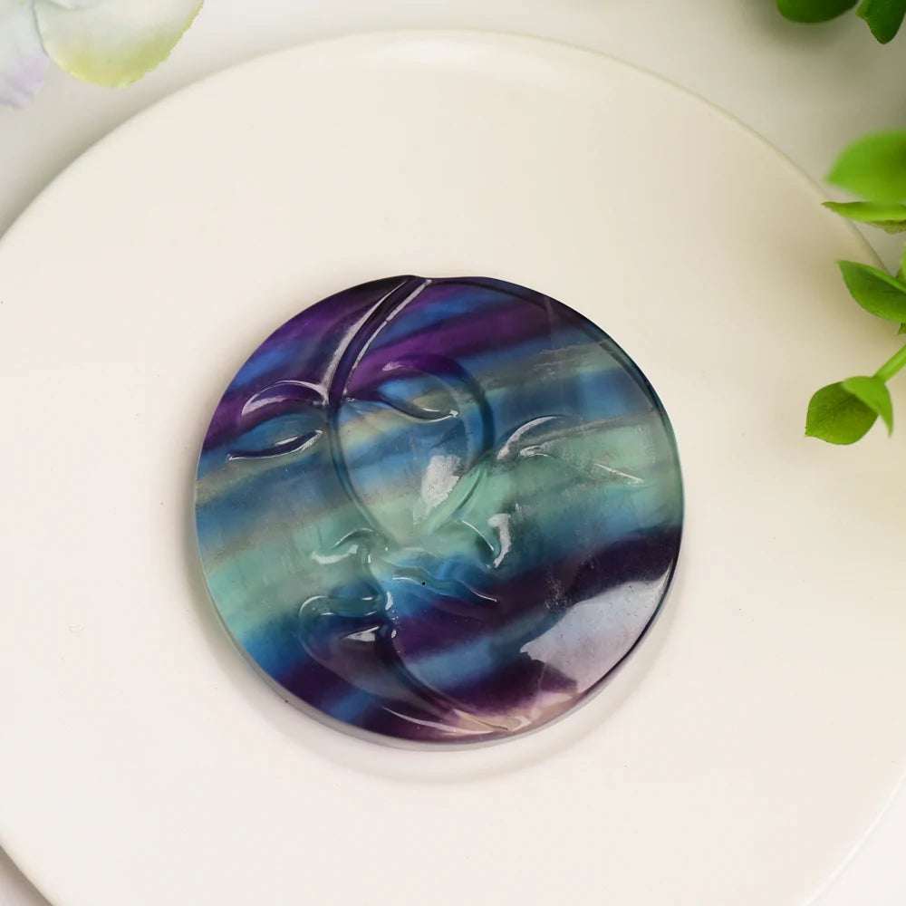 Rainbow Hand Carved Fluorite Sun & Moon Face