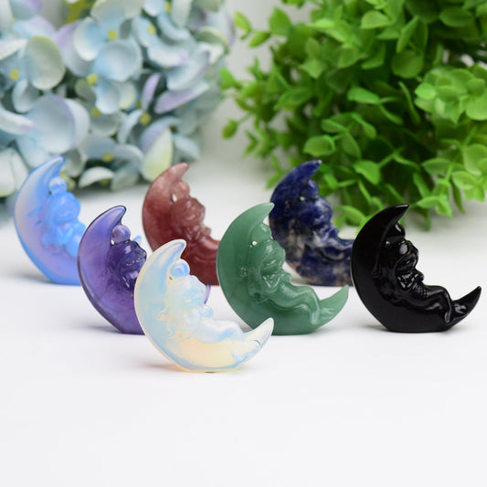 2.1" Moon with Fairy Crystal Carving Free Form Bulk Best Crystal Wholesalers Strawberry Quartz Blue Opalite Sodalite Fluorite Green Aventurine Black Obsidian Opalite