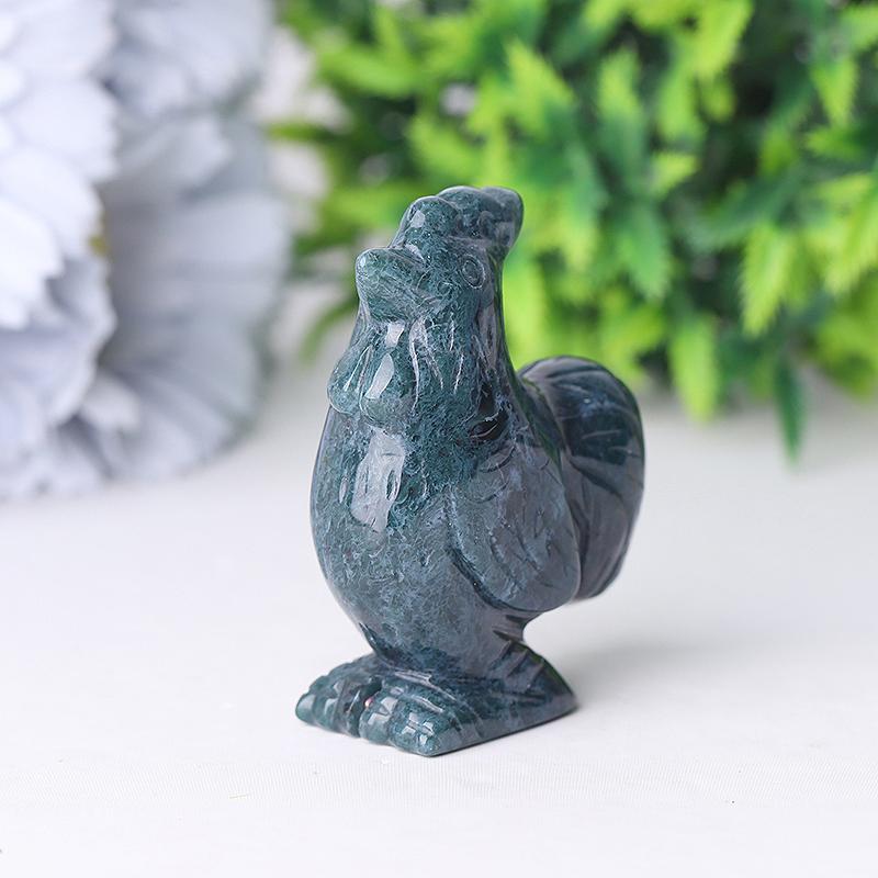 Moss Agate Carved Crystal Rooster 