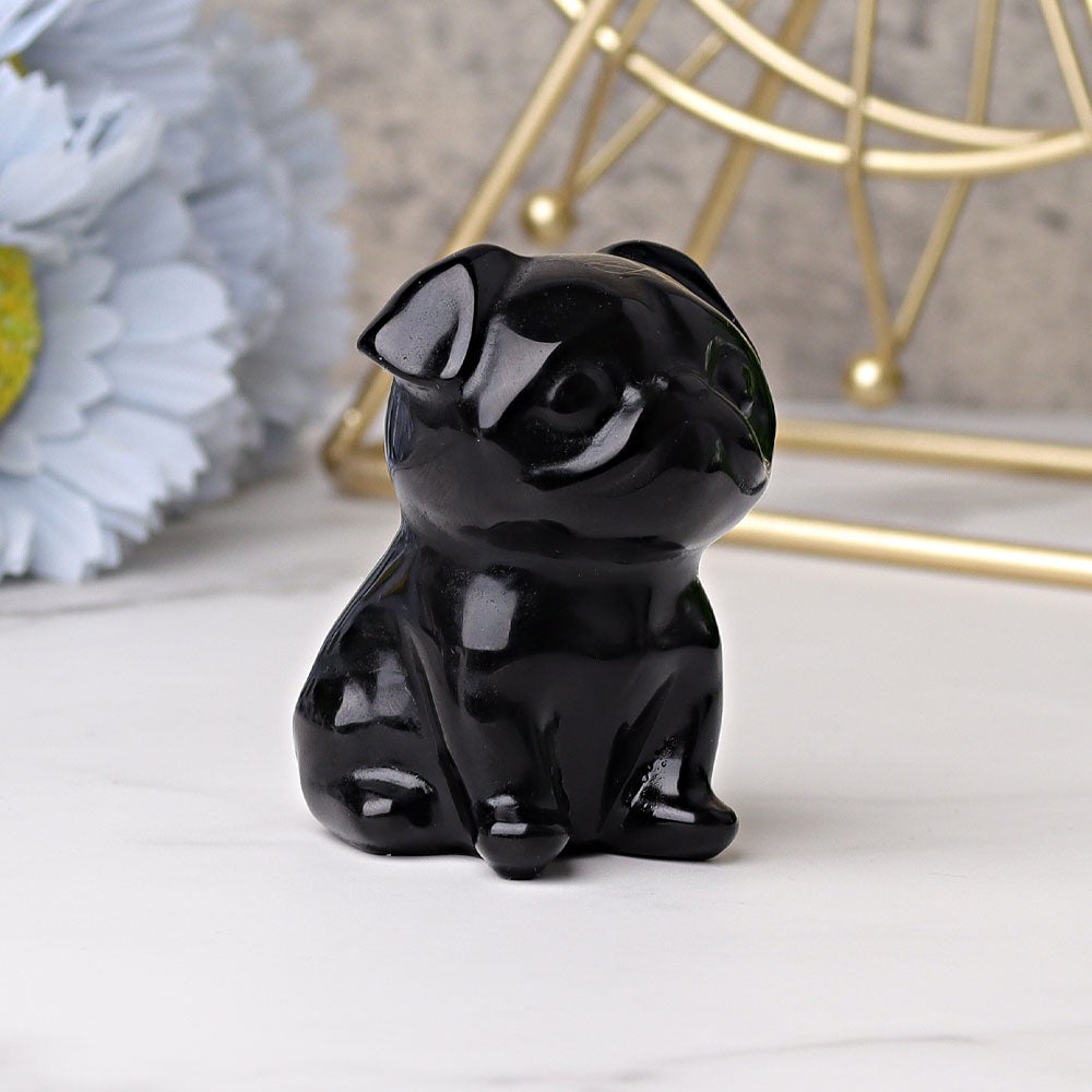 2.3" Black Obsidian Pug Dog Crystal Carvings Animal Cartoon Bulk Best Crystal Wholesalers