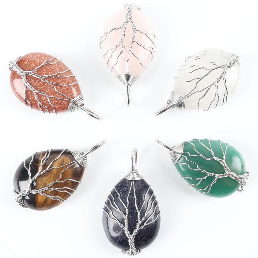 Teardrop Shape Crystal Stone Wire Wrapped Copper Tree of Life Chakra Pendant Best Crystal Wholesalers