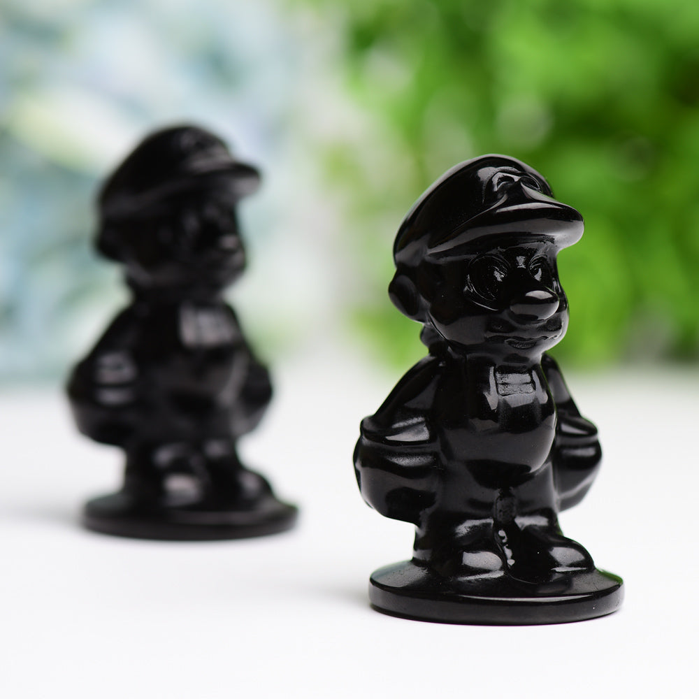 2.6" Black Obsidian Mario Crystal Carving Cartoon Bulk Best Crystal Wholesalers