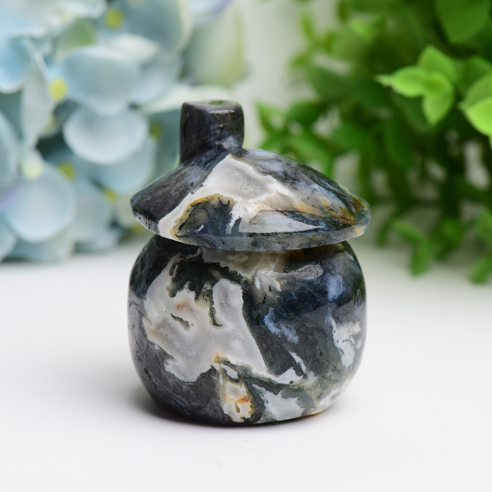 2.5" Moss Agate Mushroom House Crystal Carving Plants Free Form Bulk Best Crystal Wholesalers