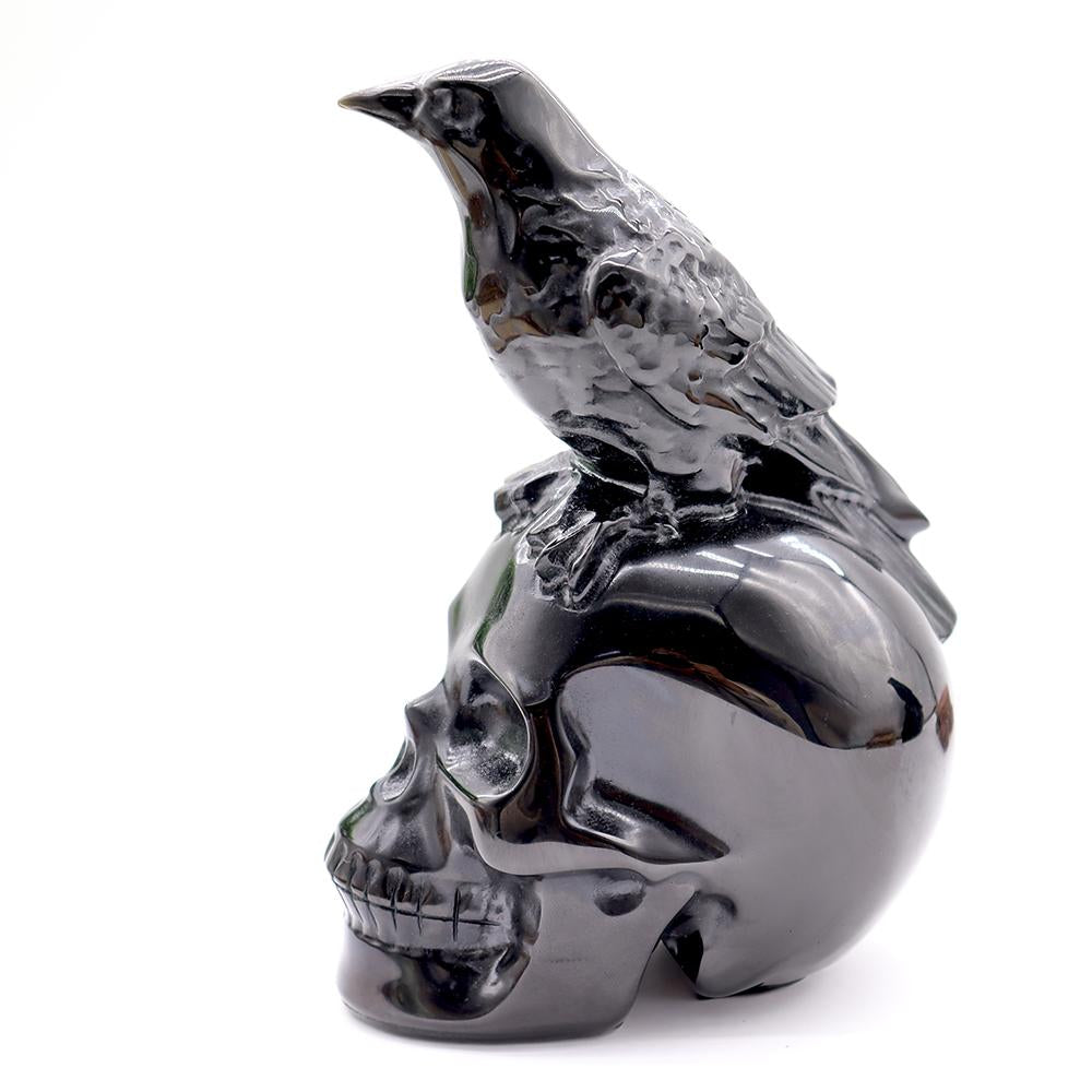 Black Obsidian Skull with Crow - Skull Carving, Obsidian Skull Best Crystal Wholesalers