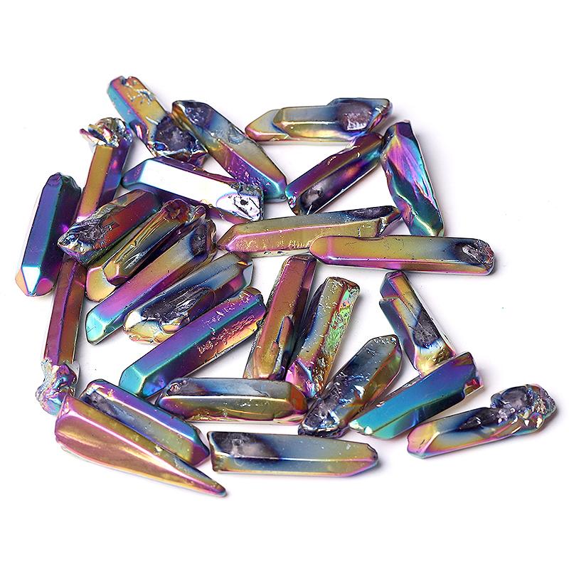 Drilled Titanium Aura Quartz Crystal Points Raw Rough Clear Rock Quartz Sticks