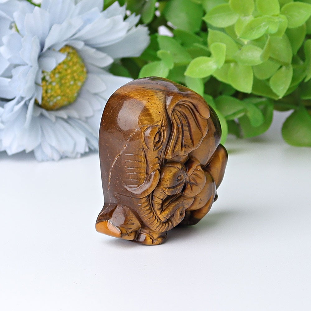 1.8" Yellow Tiger's Eye Elephant Baby & Mother Carvings Animal Bulk Best Crystal Wholesalers