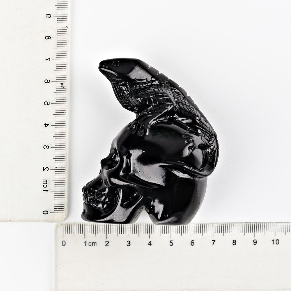 2.8" Black Obsidian Skull with Lizard Decoration Carvings Best Crystal Wholesalers