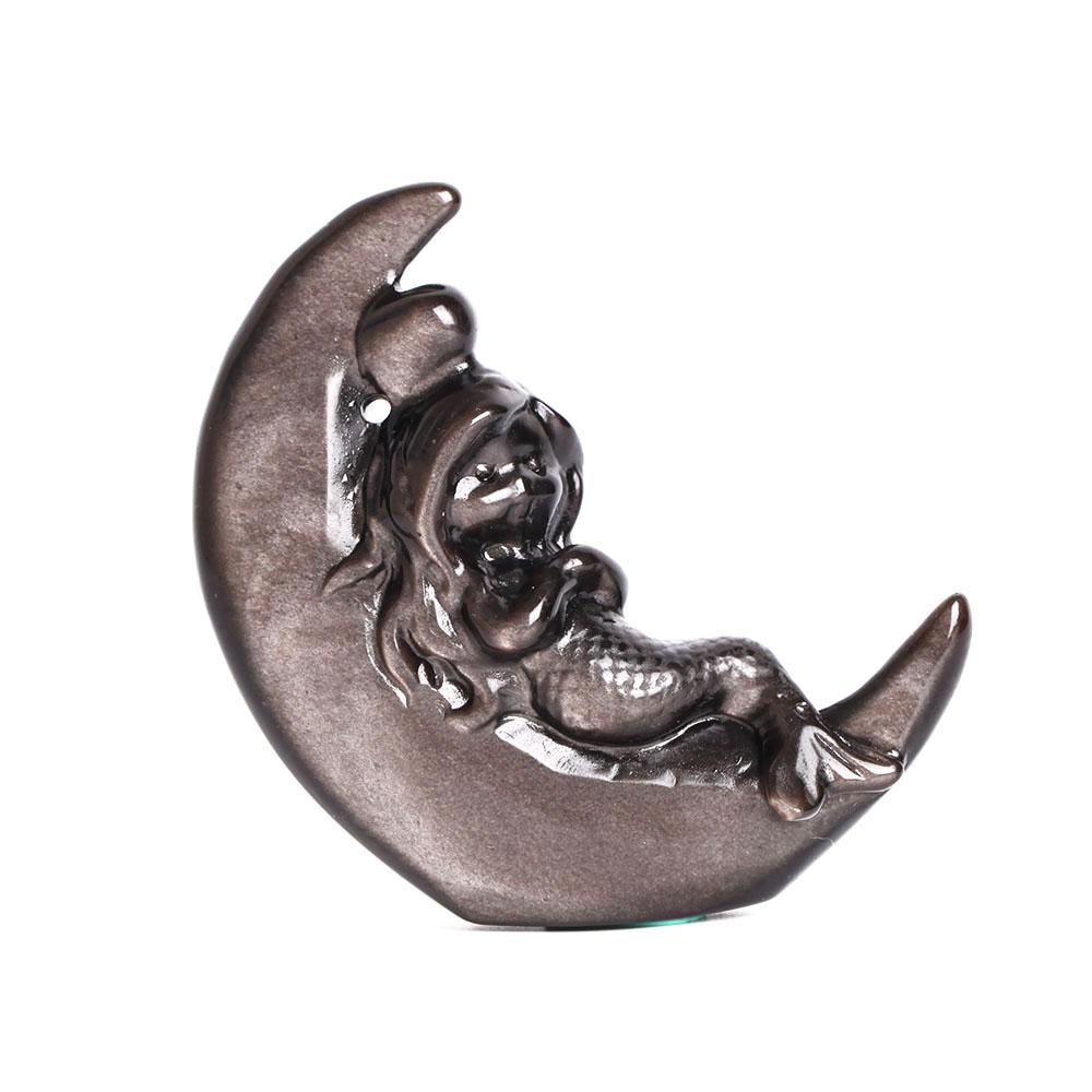 Silver Obsidian Moon with Mermaid Carving Decor Best Crystal Wholesalers