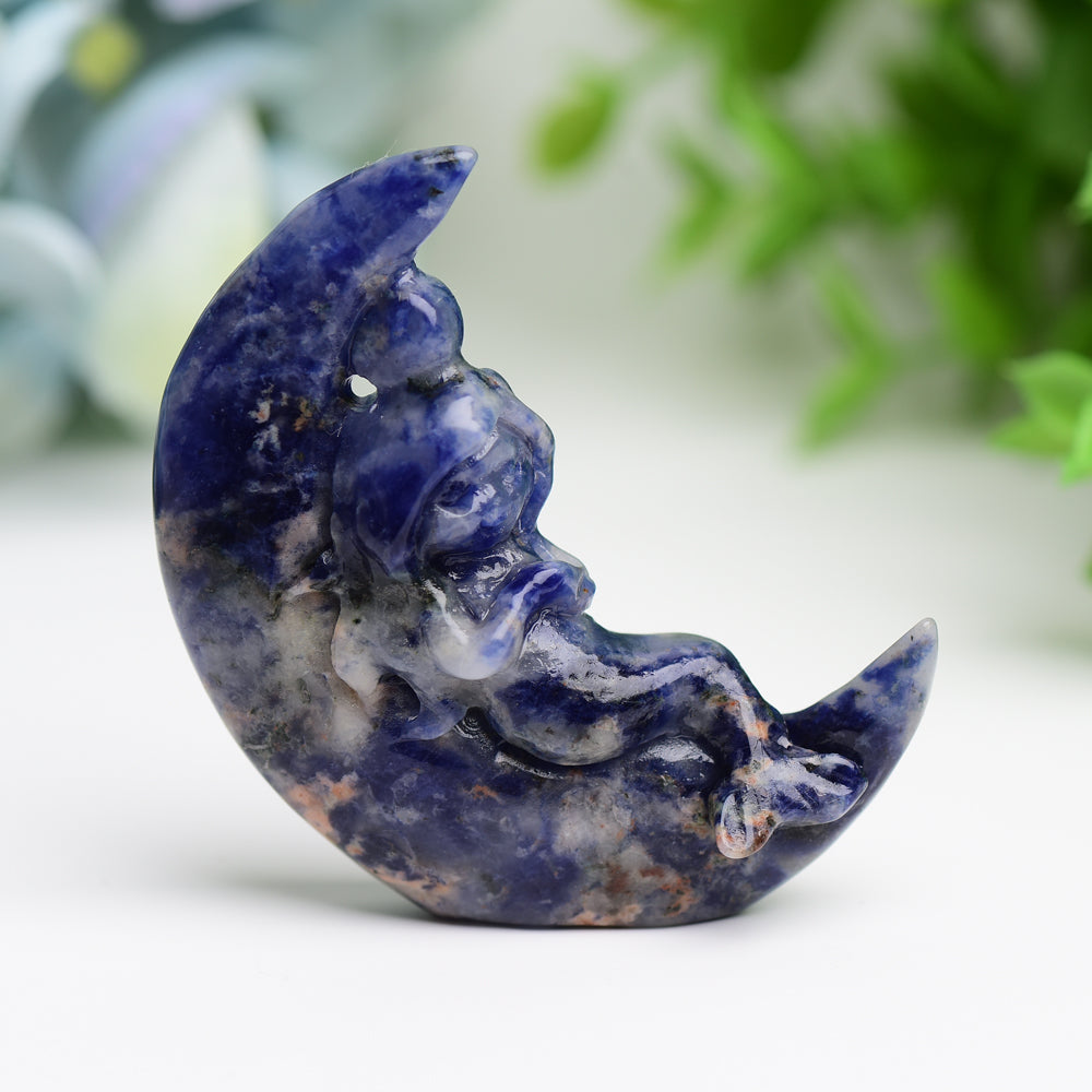 2.1" Moon with Fairy Crystal Carving Free Form Bulk Best Crystal Wholesalers Strawberry Quartz Blue Opalite Sodalite Fluorite Green Aventurine Black Obsidian Opalite