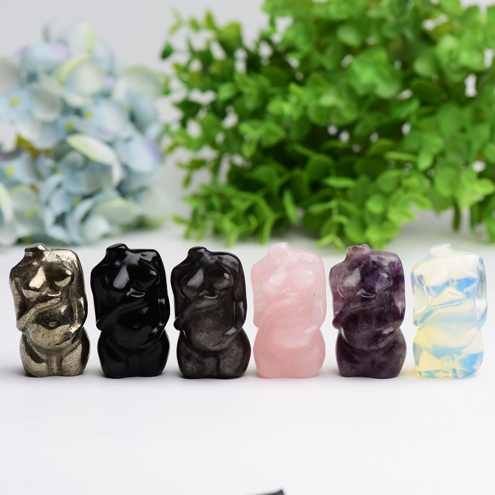 2.2" Pregnant Woman Body Model Crystal Carving Bulk Best Crystal Wholesalers Silver Obsidian Black Obsidian Pyrite Opalite Dream Amethyst Rose Quartz