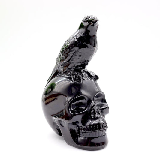 Black Obsidian Skull with Crow - Skull Carving, Obsidian Skull Best Crystal Wholesalers